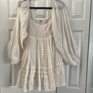 Free People Ari Boho Mini Peasant Dress Crochet Smocked Romance Babydoll Flowy